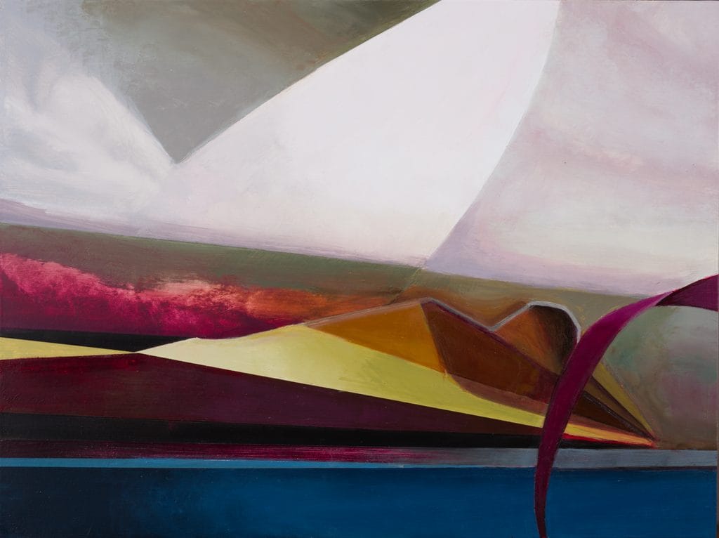An abstract landscape painting with layered, geometric bands of color suggesting hills and a horizon under a wide sky. The composition features a large, bright white and gray geometric form in the upper half, with blocks of olive green, muted magenta, yellow-green, and dark brown below, anchored by a deep blue horizontal band at the very bottom.