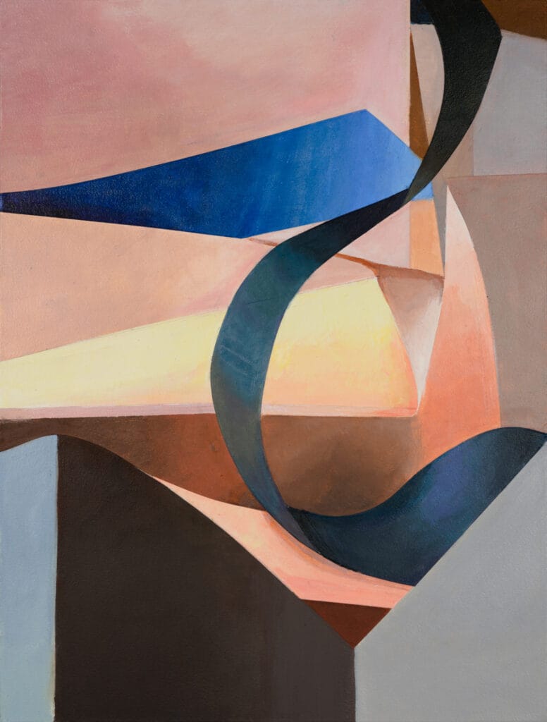An abstract painting featuring a long, twisting black-and-dark-blue ribbon looping through sharp, geometric facets. The background is composed of large angular shapes in soft dusty pink, pale yellow, and muted brown, punctuated by a striking vibrant blue triangle near the top.