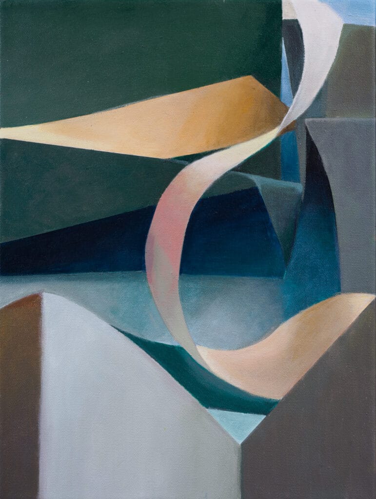 An abstract oil painting showcasing an elegant, curving ribbon that winds vertically through a series of sharp, geometric planes. The composition features a palette of deep forest green, dark teal, and slate gray shapes contrasted by warm cream and tan angular folds.