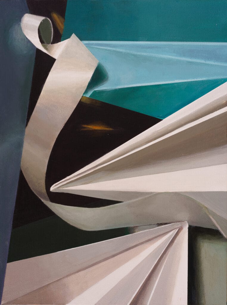 An abstract painting composed of sharp, geometric folds and a curling white ribbon. The composition features contrasting sections of stark white paper-like triangles, deep black segments, and teal and blue-green angular shapes.