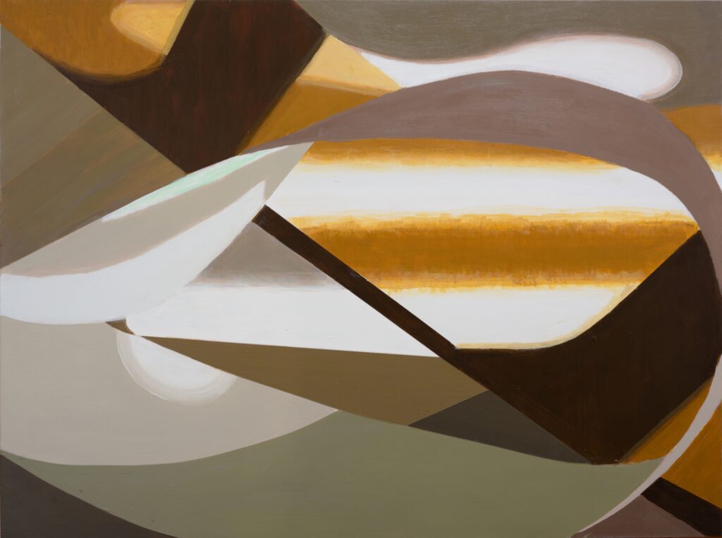 Abstract painting with a looping dark ribbon weaving through sharp geometric planes of soft pink, pale yellow, gray, and a pop of bright blue.