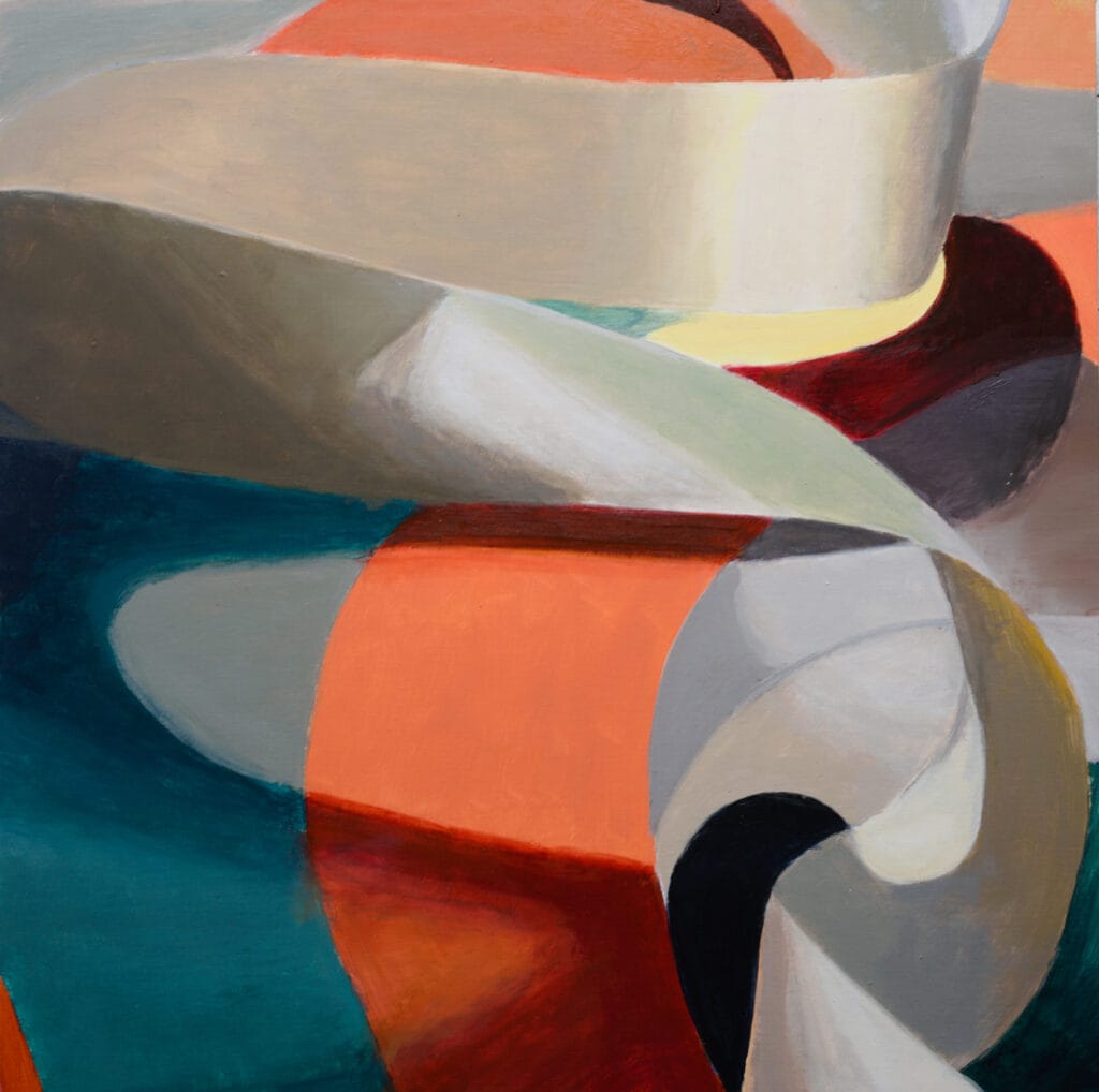 An abstract painting featuring a wide, flowing white ribbon that loops gracefully across the composition. The curving fabric weaves through structural blocks of vibrant orange, deep teal, slate gray, and dark burgundy, creating a sense of fluid movement against solid, geometric patches of color.