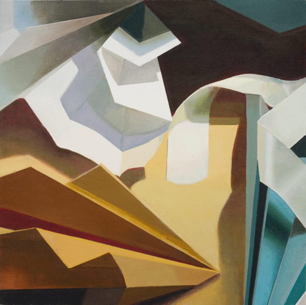 An abstract painting featuring a sweeping white ribbon form threading through a complex arrangement of sharp, angular planes. The composition contrasts deep brown and ochre geometric shapes in the foreground with pale gray, white, and dark charcoal facets in the upper background, accented by a small touch of teal on the right.