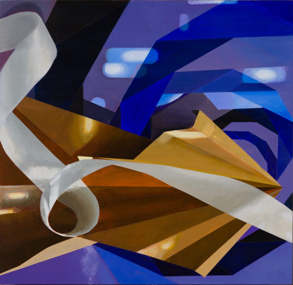 An abstract oil painting composed of sharp, geometric facets in deep violet, electric blue, and golden bronze. A flowing white ribbon twists dramatically across the foreground, curving into a loop on the left before sweeping toward the bottom right. The background features angular, crystalline planes that transition from warm amber at the bottom to dark indigo at the top, punctuated by soft, horizontal streaks of light blue.