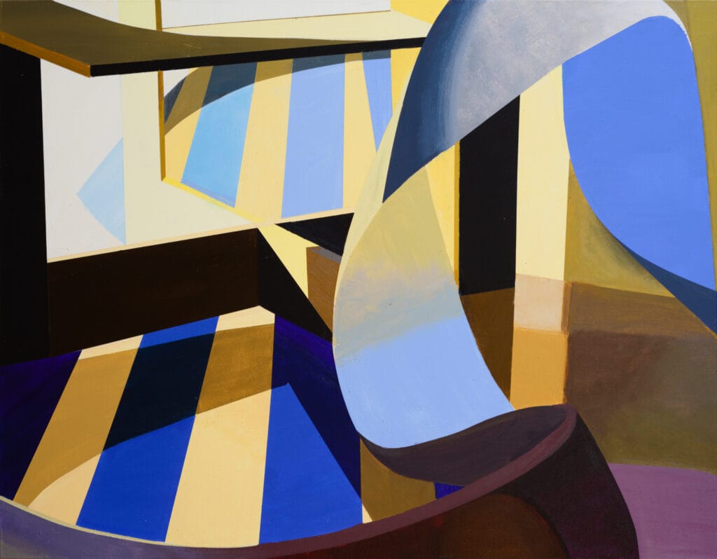 An abstract painting juxtaposing sharp, structural architecture with sweeping, fluid curves. On the left, strict geometric planes are rendered in deep blue, cream, and black, while the right side features broad, curling ribbon-like shapes in sky blue, slate gray, and muted purple under a soft yellow light.
