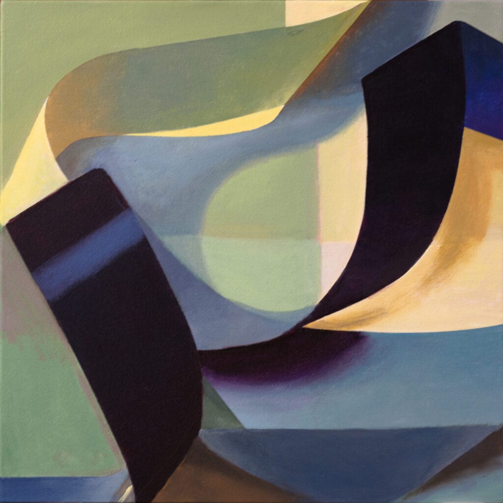 Abstract geometric painting with overlapping fluid shapes in sage green, soft cream, and dusty blue, contrasted by two prominent curving ribbons in deep black and indigo.