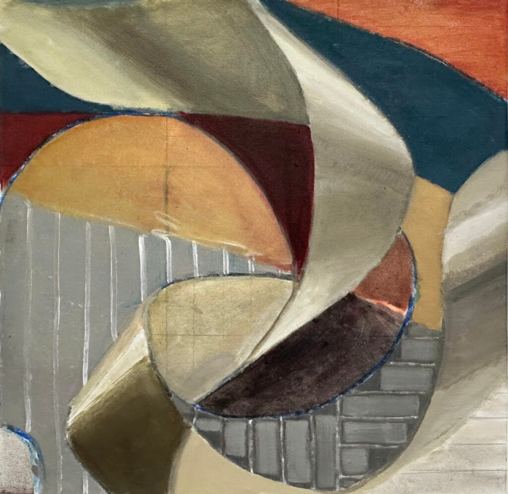 An abstract painting featuring a wide, curving metallic or gray ribbon that spirals over a geometric background. The composition includes a prominent orange semi-circle, segments with fine white vertical pinstripes, brick-like patterns at the bottom, and deep blue and burnt orange color blocks at the top.